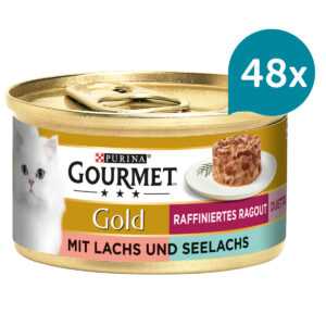 Krmivo pro kočky značky GOURMET Gold Rafinované ragú Duetto s lososem a treskou tmavou 48 × 85 g
